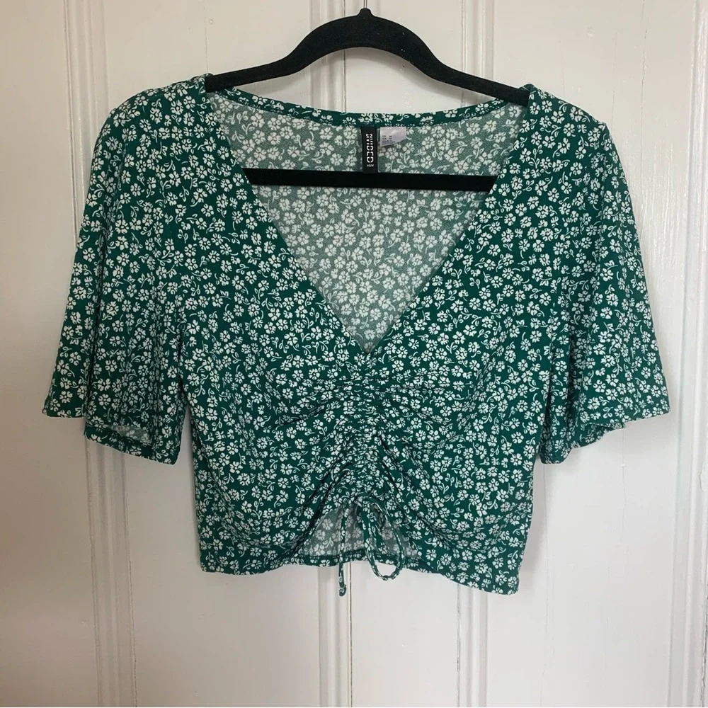 H&M Dark Green Floral Drawstring Top - Picture 7 of 15